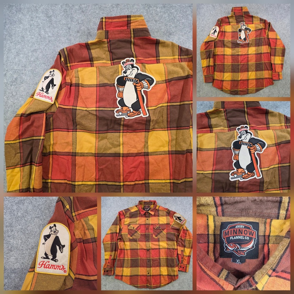 Angry Minnow Shirt Mens XL Multicolor Plaid Flannel Hamm's Bear Hockey Graphic